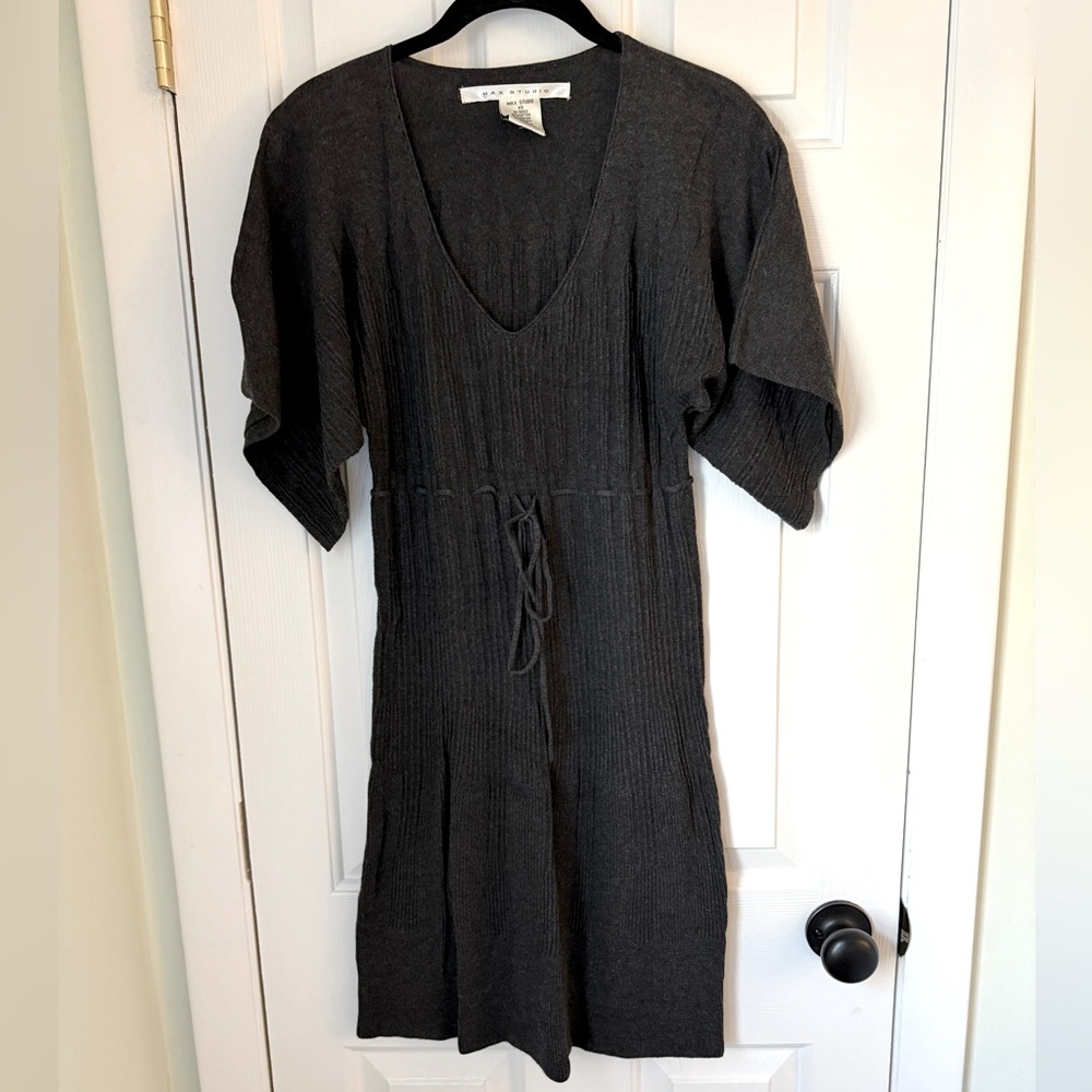 Max Studio Gray Sweater Dress with Tie-Waist and Kimono Sleeves, XS